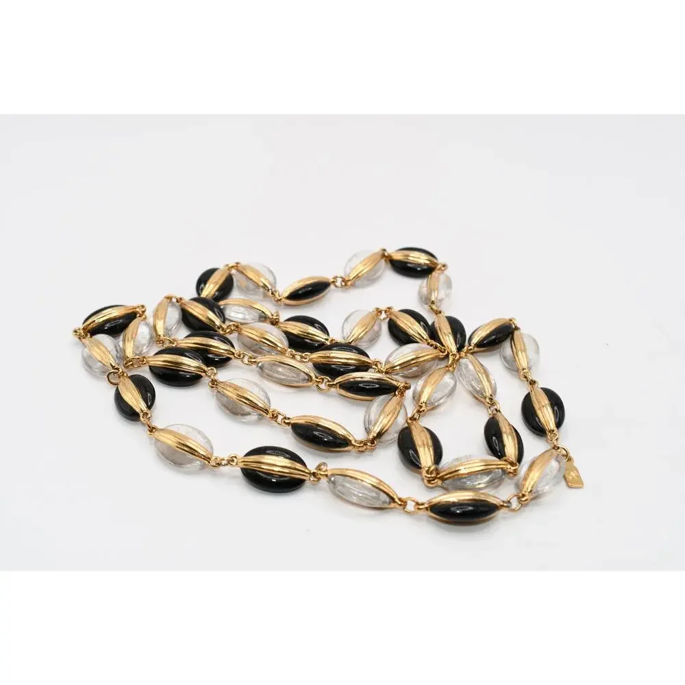 Vintage Swarovski Black Clear Crystal Gold Tone Long Necklace 34”